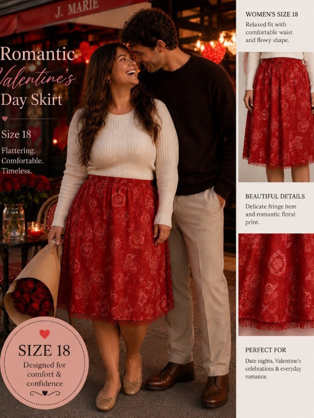 Liz & Me Red Floral Fringe Hem Skirt Women's Size 18